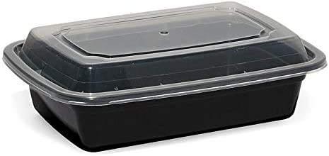 MF28 Rectangular Plastic Black Food Containers with Dome Clear Vented Lid, 28-oz 